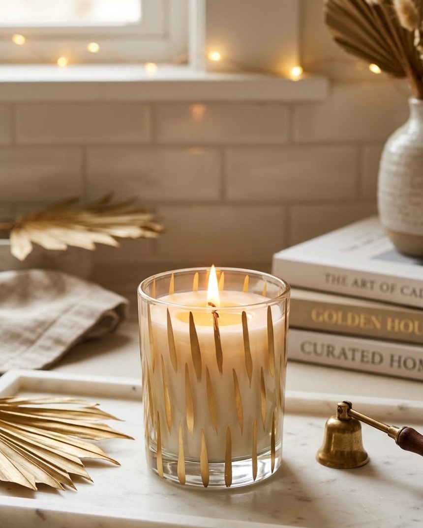 A candle burning in a glass painted with gold