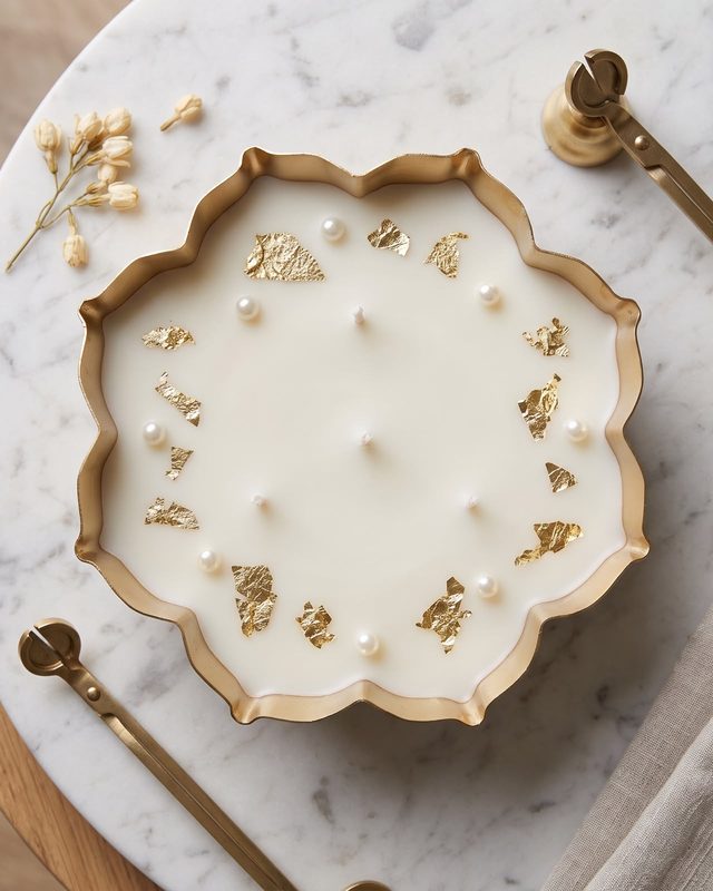 Gold leaf and pearls laid on a lotus urli