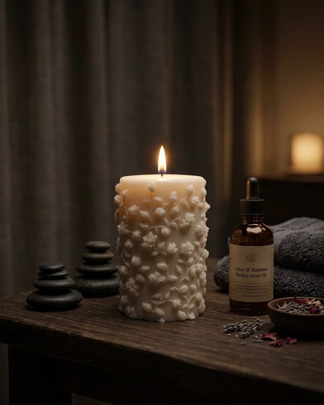 Moulded flowers on a lit pillar candle