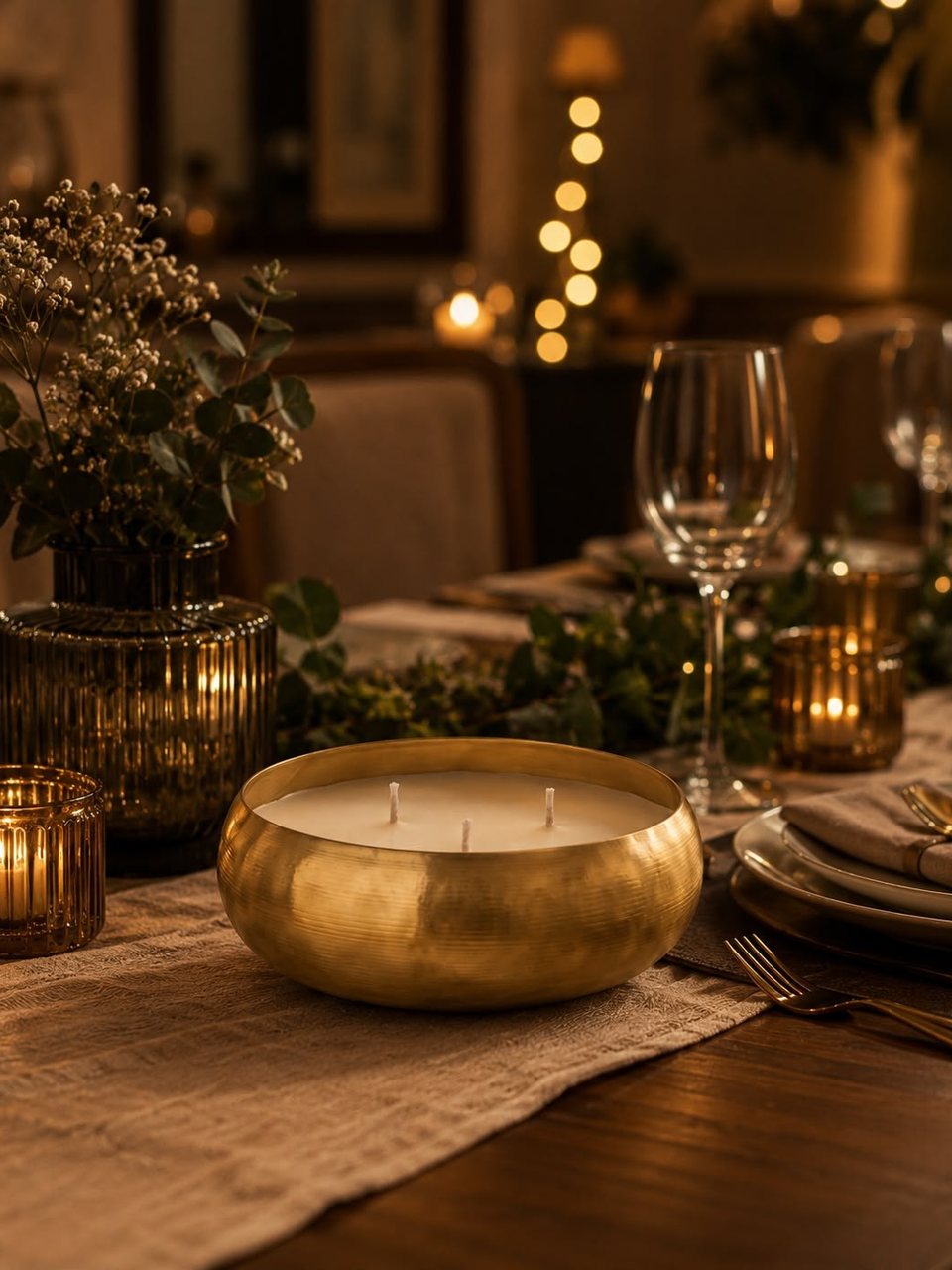 A three-wick Hammered Urli glowing on a candlelit dinner table