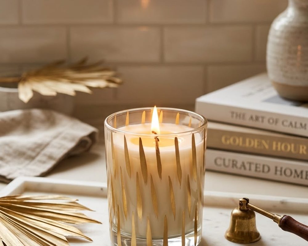 A golden art jar candle lit in daylight