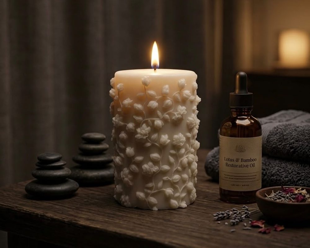 A floral pillar candle beside bath oil and warm towels