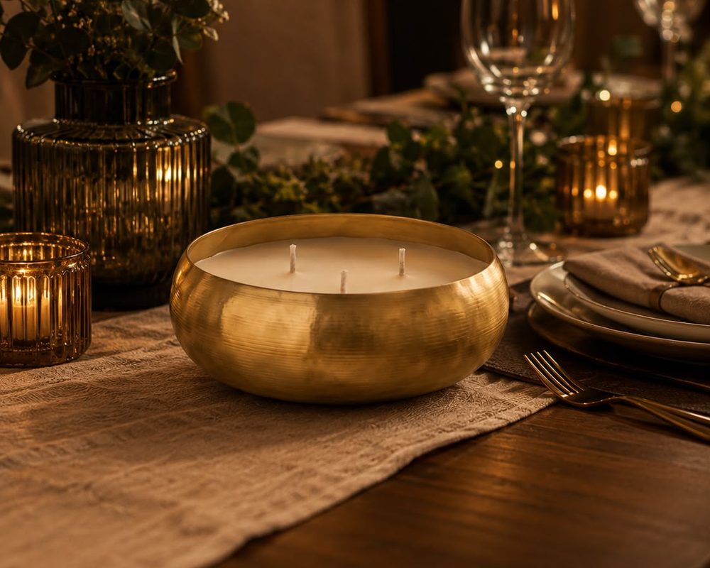 A hammered urli candle on a dinner table