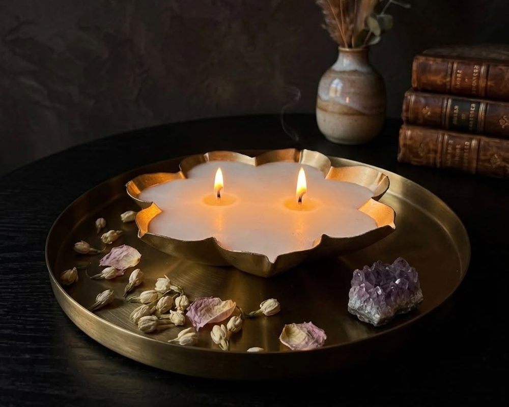 A lotus urli burning on a brass tray at night